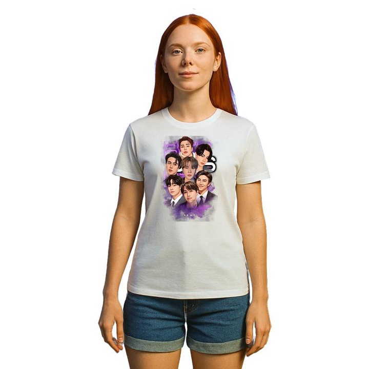 Tricou Dama cu trupa/formatia BTS ARMY, din bumbac 100%, Cri-Flo, Culoare Alb, Marime XL