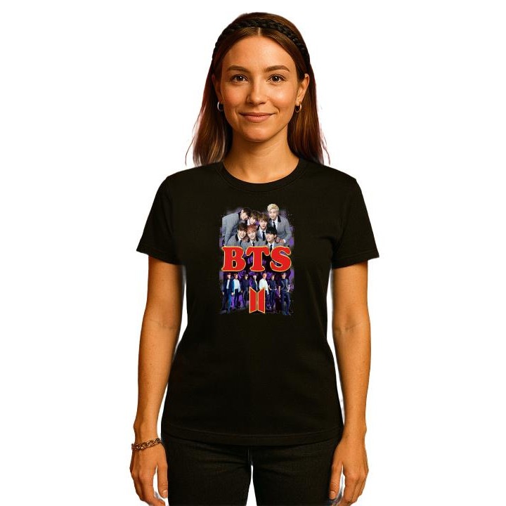 Tricou Dama cu trupa/formatia BTS 7, din bumbac 100%, Cri-Flo, Culoare Negru, Marime XL