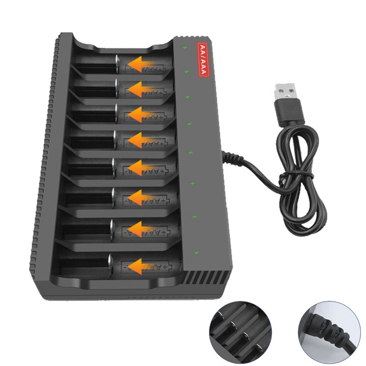 Incarcator multifunctional Fudisenn, 8 sloturi, pentru baterii AA si AAA, negru, 14.2x8.7x2cm