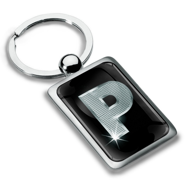 Breloc metalic dreptunghiular cu cutie cadou, Biomar Labs, Litera P, AZ, unisex, 3D, Argintiu/Negru, KK 94