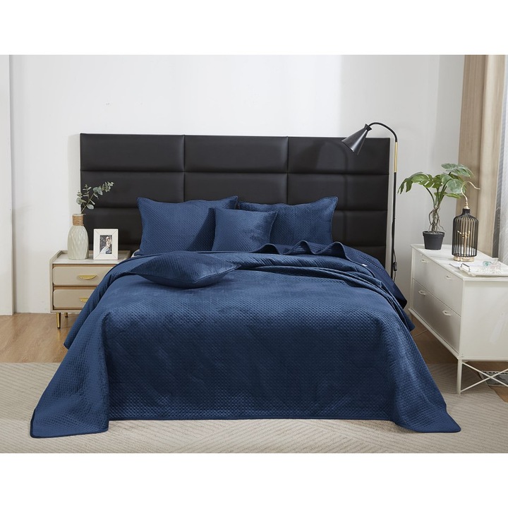 Cuvertura velur 200x220 Spod Igly i Nitki, albastru inchis, textura geometrica