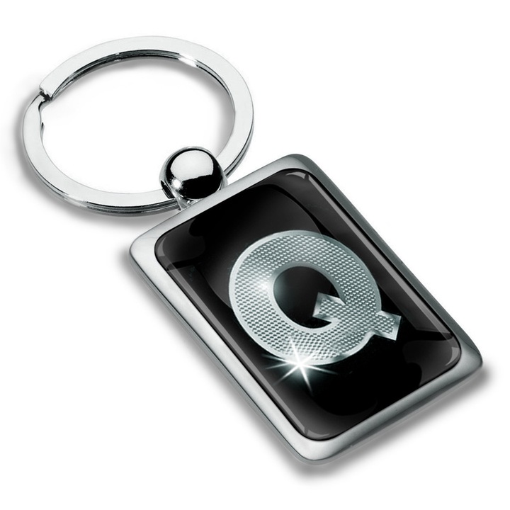 Breloc metalic dreptunghiular cu cutie cadou, Biomar Labs, Litera Q, AZ, unisex, 3D, Argintiu/Negru, KK 95