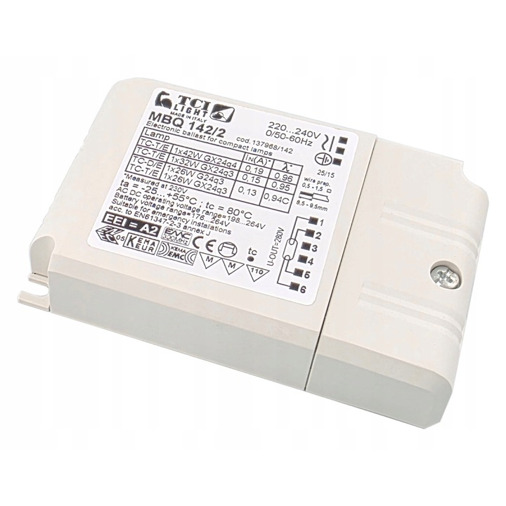 Balast electronic, TCI, MBQ 142/2, 1x26W-1x40W, IP20, utilizare interioară