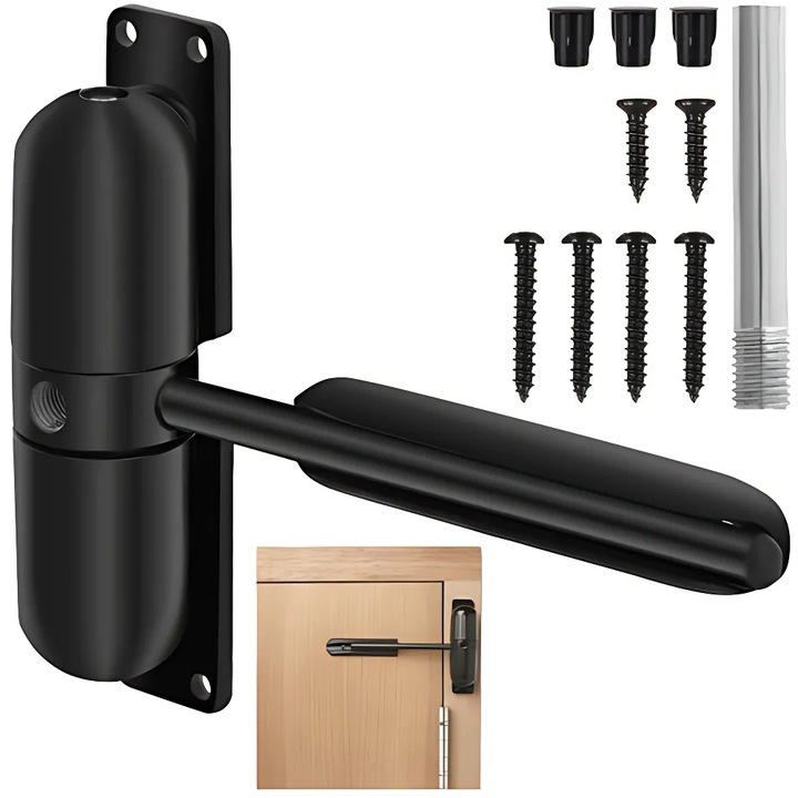 Amortizor Usa Inchidere Automata Velixo®, Reglaj Inchidere Lenta sau Rapida, Design Modern, Usor de Instalat, Functionare Silentioasa, pentru Usi Interioare si Exterioare, Suporta Pana la 60 kg, Kit de Montaj Inclus, Negru