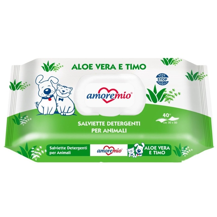Servetele umede pentru Pisici si Caini AMORE MIO cu ALOE VERA 40 buc 30x20 cm