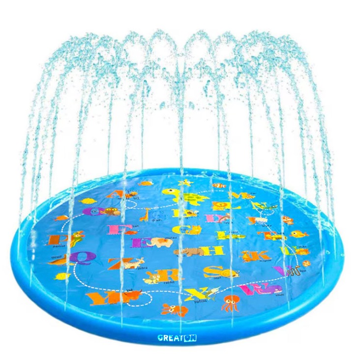 Covoras De Joaca Gonflabil Cu Fantana Stropitoare GREATON, Tip Saltea Gonflabila Pentru Copii Sau Animale De Companie, Design Jucaus, Pentru Exterior, Albastru, PVC, Dimensiuni 145x143 cm