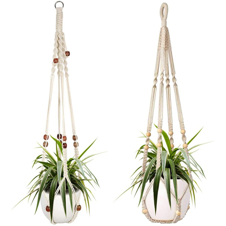 Suporturi pentru plante din macrame, Enforose, design fara ciucuri, rezistente la soare si intemperii, set de 2 bucati
