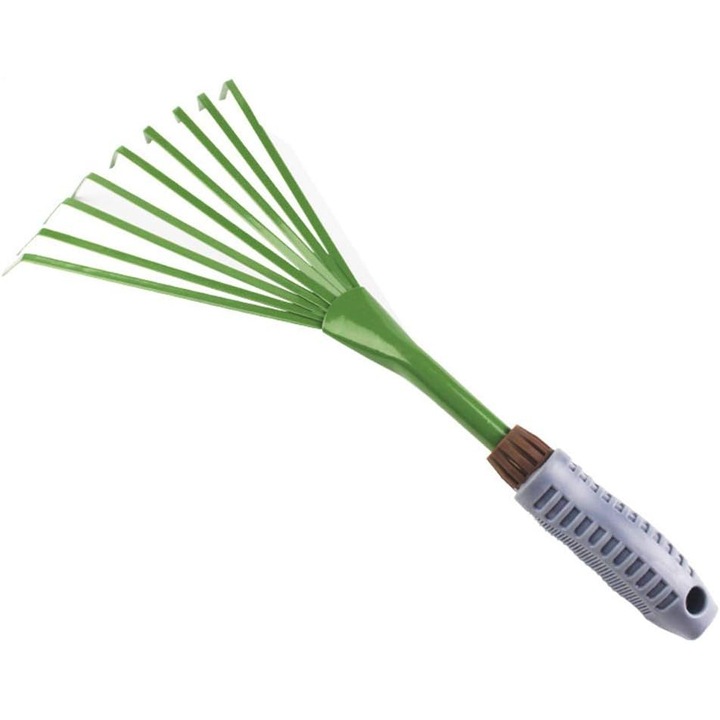 Метално градинско гребло с девет зъба. Гребло за трева, листа и цветя. Желязно гребло. Селскостопански инструменти за обработка на почвата и метене на градински отпадъци.