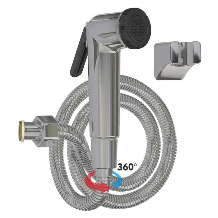 Dus igienic de mana cromat, cu furtun din otel inoxidabil 120cm, cap rotativ, buton actionare pe partea inferioara | 3029