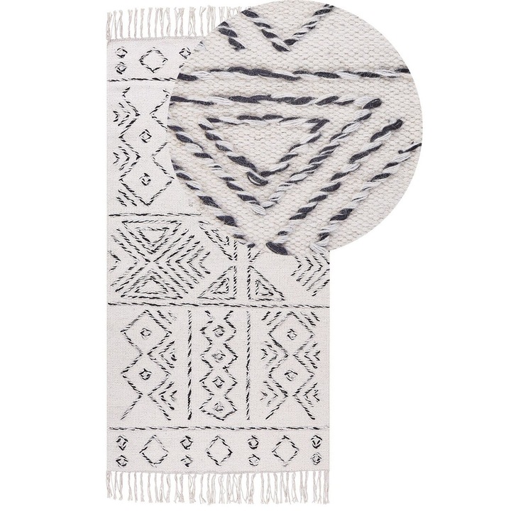 Covor negru si alb din lana si bumbac 80 x 150 cm Alkent