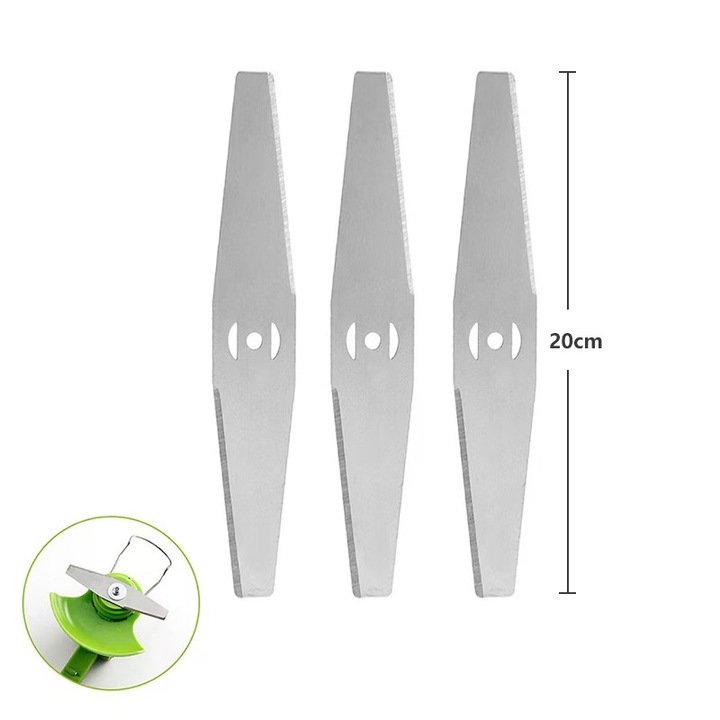 Megnyúlt cserepenge készlet fűnyíróhoz (3 db), 20 cm, dupla fűvágási hatékonyság, rozsdamentes ötvözet, ezüst színű