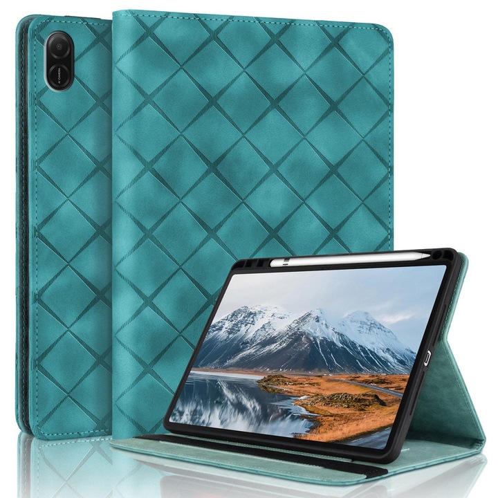 Husa tableta pentru Honor Pad X8a / X9 2024, piele gravata cu romburi, tip carte cu suport, inchidere magnetica, verde