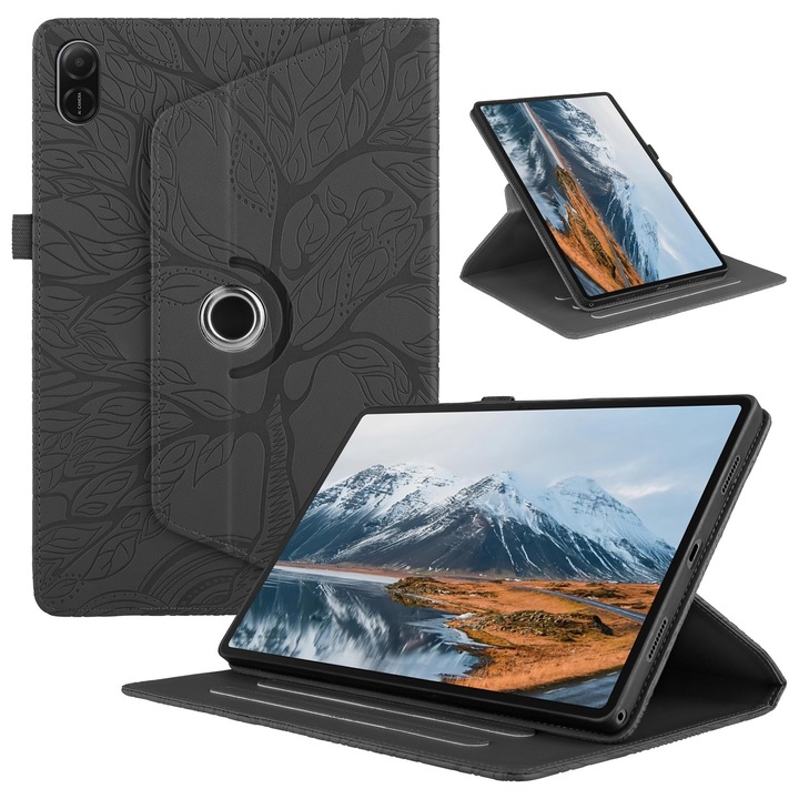 Husa tableta pentru Honor Pad X8a, din piele PU gravata cu arborele vietii, rotativa, neagra