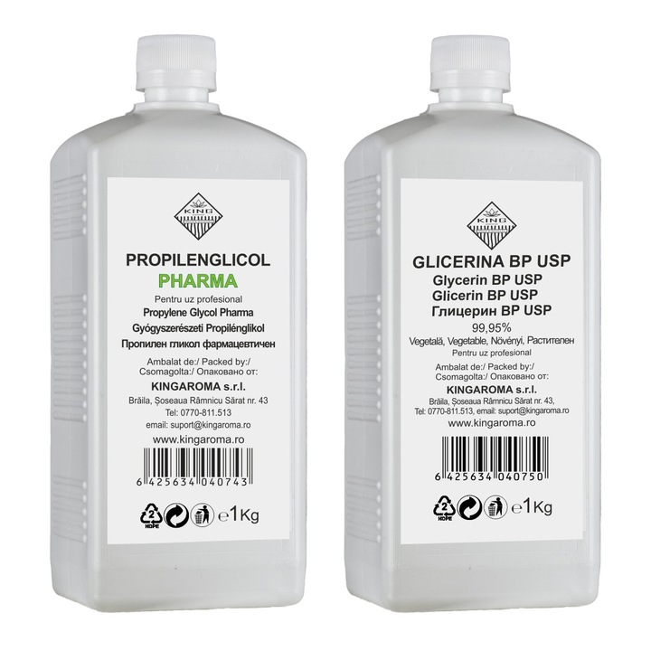 Propilénglikol (PG) Pharma Kingaroma 1 kg és növényi glicerin (VG) 99,95% BP USP Kingaroma 1 kg szett műszaki/élelmiszeripari/kozmetikai felhasználásra