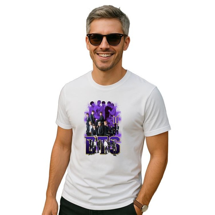 Tricou Barbat cu trupa/formatia BTS, din bumbac 100%, Cri-Flo, Culoare Alb, Marime 2XL