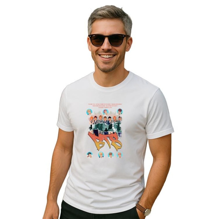 Tricou Barbat cu trupa/formatia BTS 11, din bumbac 100%, Cri-Flo, Culoare Alb, Marime XL