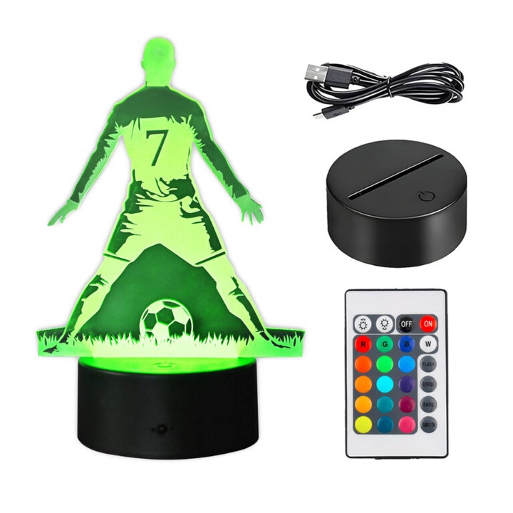 Lampa de veghe 3D LED cu holograma Cristiano Ronaldo CR7 SIUU pentru copii CLASStitude, 16 culori, include telecomanda, lumina ambientala, alimentare USB si/sau 3 baterii AA, material acril, Negru