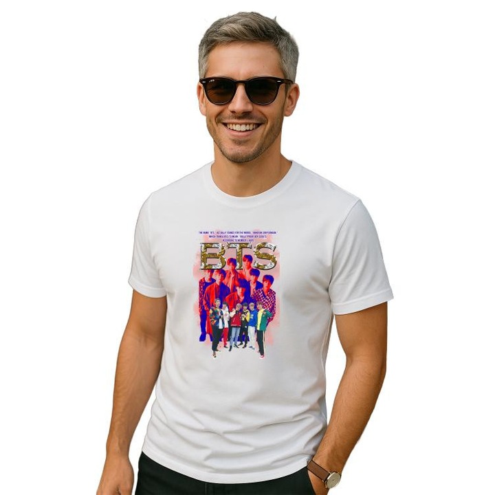 Tricou Barbat cu trupa/formatia BTS 4, din bumbac 100%, Cri-Flo, Culoare Alb, Marime 3XL