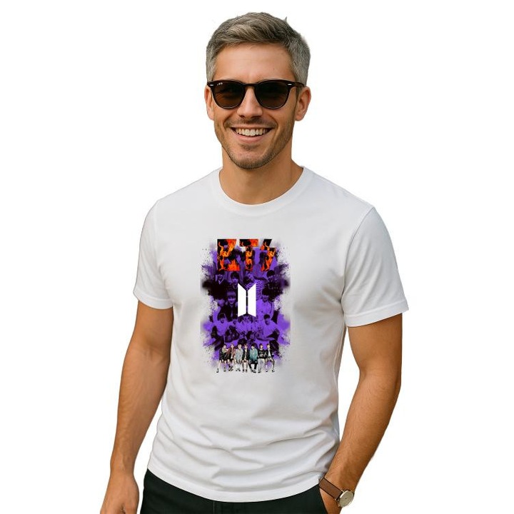 Tricou Barbat cu trupa/formatia BTS 5, din bumbac 100%, Cri-Flo, Culoare Alb, Marime 2XL