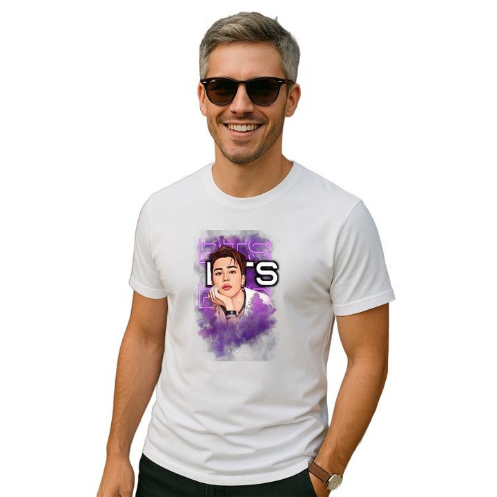 Tricou Barbat cu trupa/formatia BTS JHOPE, din bumbac 100%, Cri-Flo, Culoare Alb, Marime 3XL