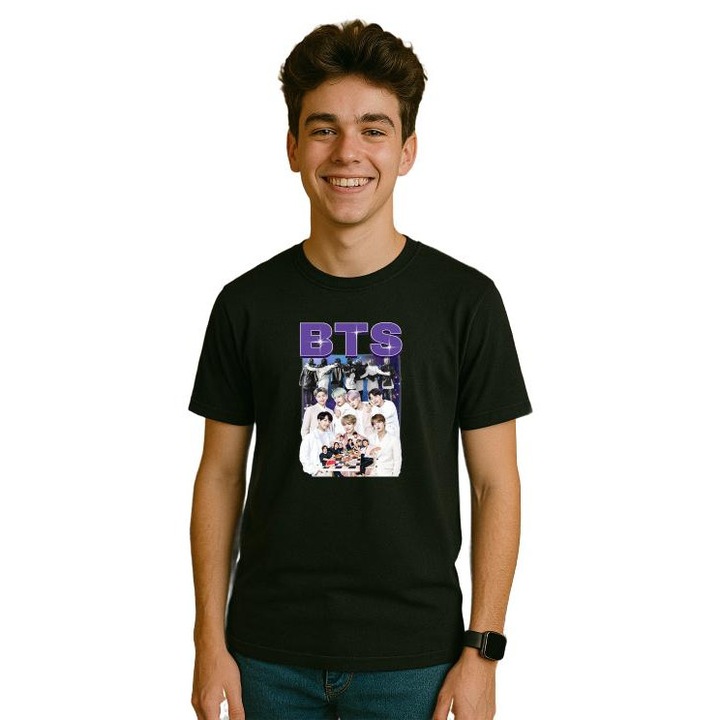 Tricou Barbat cu trupa/formatia BTS 1, din bumbac 100%, Cri-Flo, Culoare Negru, Marime 2XL