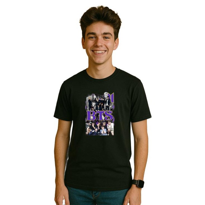 Tricou Barbat cu trupa/formatia BTS 7, din bumbac 100%, Cri-Flo, Culoare Negru, Marime S