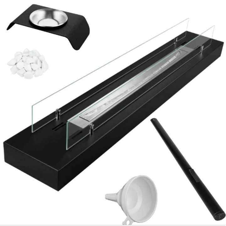 Beépített biokandalló / Bioetanol égő BETÉT 120 cm matt fekete hőálló üveggel, 120 x 21 x 19, 4 cm, dekoratív fehér kavicsokkal, gázgyújtóval a kandalló begyújtásához, tölcsérrel és aromaterápiás tartállyal