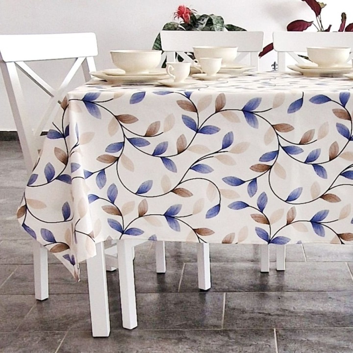 Fata de masa teflonata, bumbac 100%, 160x320cm, Lenjerii Deosebite, model cu frunze albastre si bej