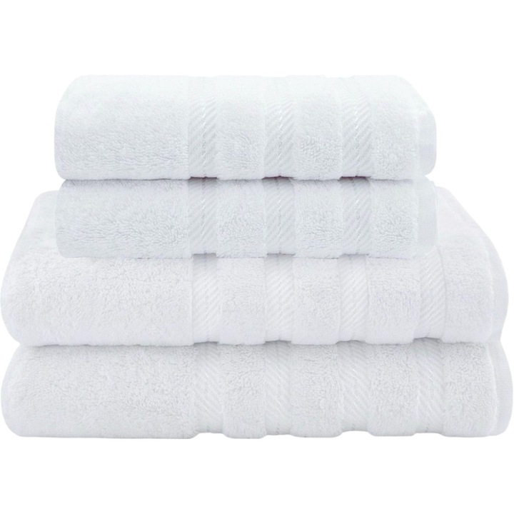 Комплект от 4 кърпи Daveza, 600 г/м², 2 кърпи за баня 70×140 см, 2 кърпи за лице и ръце 50×90 см, 100% турски памук, бели