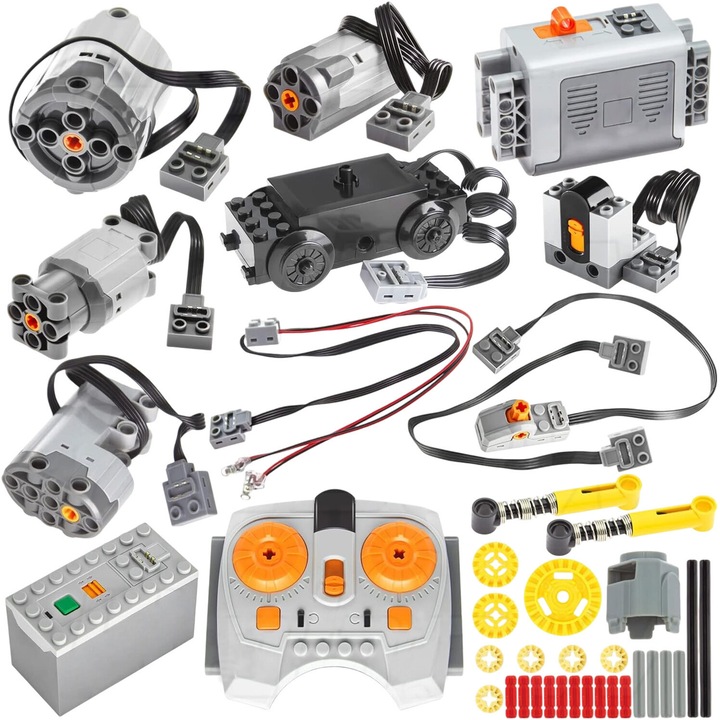 Set blocuri de constructie, WALALLA, 45 piese, motor, control de viteza prin telecomanda, cutie de baterii, receptor infrared, cablu de extensie, comutator, gri deschis