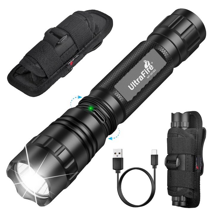 Тактически фенер UltraFire WF-501BX, 1200 лумена, USB зареждане, алуминий, 13.2x3.2x2.6 см, с калъф