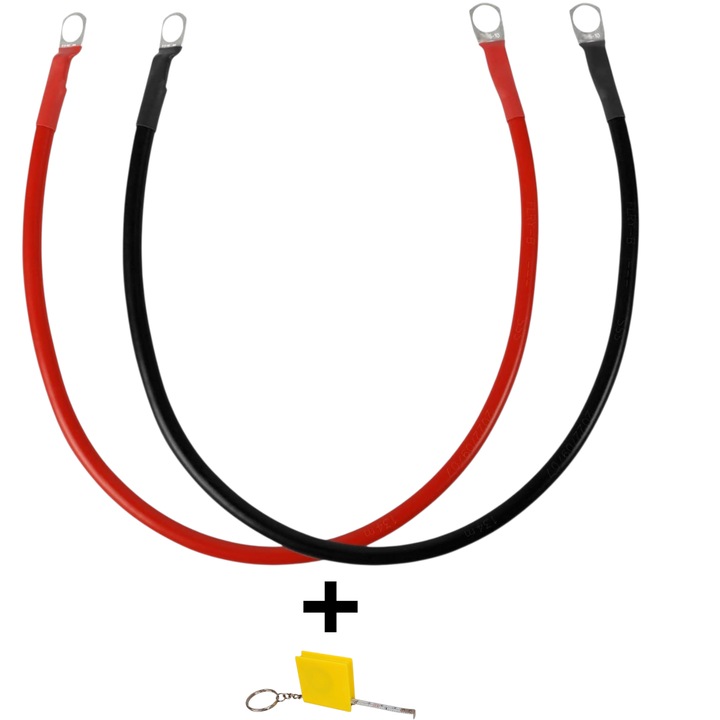 Set 2 bucati cablu baterie 10mm² negru\rosu cu papuci conectare electrolitici M10 la ambele capete, 2 X 50cm, inverter battery cables + ruleta 1metru