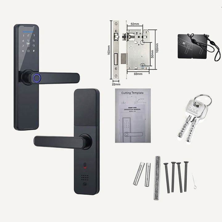 Безжична смарт ключалка, Vaxiuja, приложение Tuya (TUYA WiFi), 5 режима на достъп, отключване с дистанционно управление, ПИН код, пръстов отпечатък, 2 ключа, 2 карти, черен