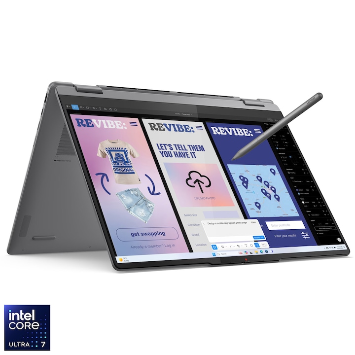 Lenovo Yoga 7 2-in-1 16ILL10 Laptop, Intel® Core Ultra 7 258V processzorral, akár 4.8GHz, 16" 2.8K, WQXGA+, OLED, 120Hz, érintőkijelző, 32GB LPDDR5x RAM, 1TB SSD, Intel® Arc™ Graphics, Windows 11 Pro, Luna Grey, 3 év helyszíni Premium Care