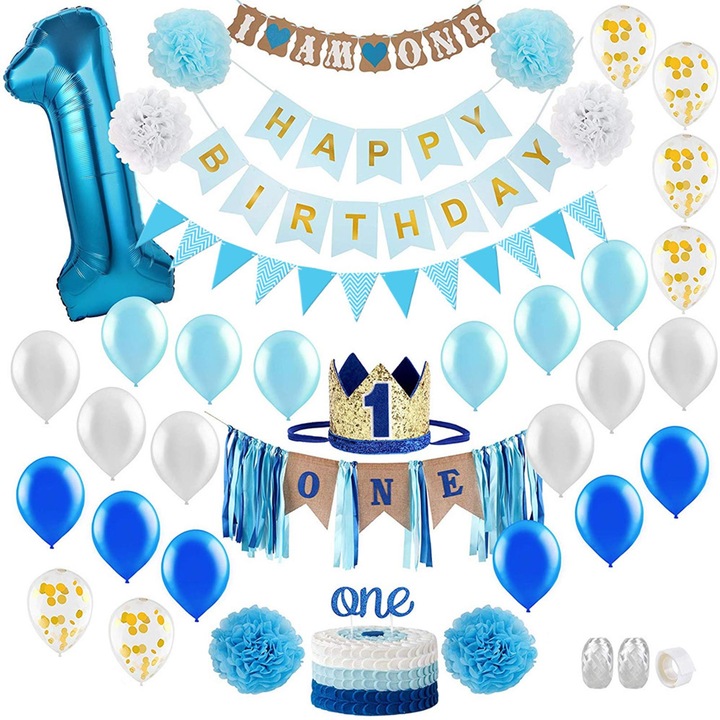 Комплект декорации и балони за детски рожден ден за момченце, 1 година, парти, sundiguer, син