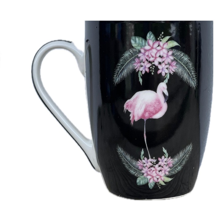 Cana ceramica flamingo flori, Negru, 8.2X10.5X5.4 CM 350 ml