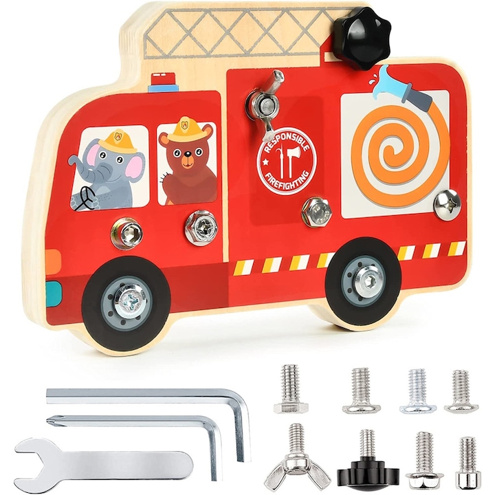 Jucarie educativa din lemn, autobuz, rosu, 12.5x18x2.2cm