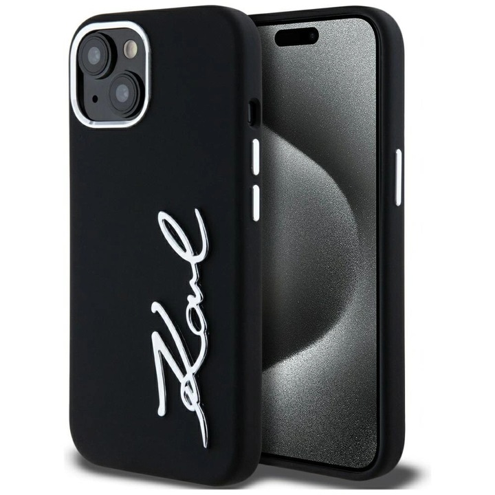 Tok Karl Lagerfeld Silicone Metal Script Logo iPhone 15 készülékhez fekete
