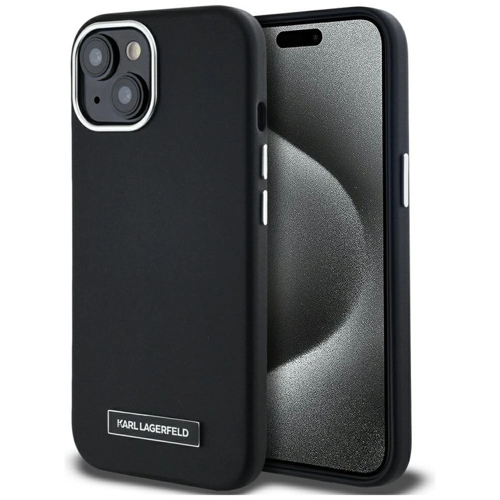 Telefontok, Karl Lagerfeld, Ökobőr / Fém, MagSafe, iPhone 15 6.1"-hez, fekete