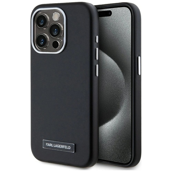 Telefontok, Karl Lagerfeld, Ökobőr / Fém, MagSafe, iPhone 15 Pro-hoz, Fekete