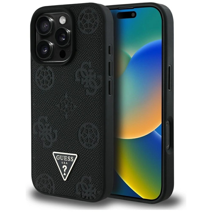 Telefontok, Guess, TPU / Polikarbonát / Ökobőr, MagSafe, iPhone 16 Pro-hoz, Fekete