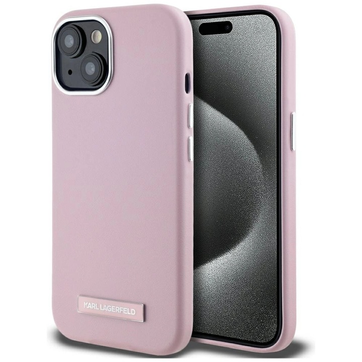 Telefontok, Karl Lagerfeld, Ökobőr / Alumínium, MagSafe, iPhone 15-höz, Rózsaszín
