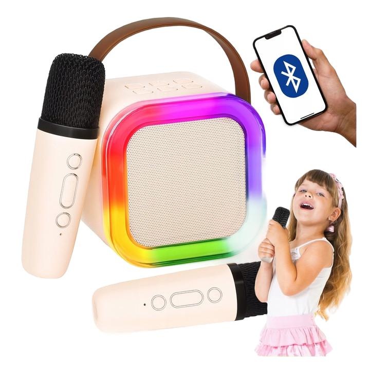 Set mini karaoke cu 2 microfoane wireless, Pixel, Bej, 88x68x90mm
