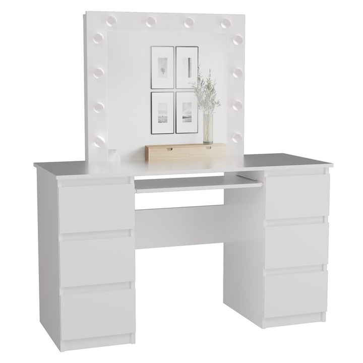 Marina fésülködőasztal tükörrel és LED világítással, fehér, 6 fiókkal