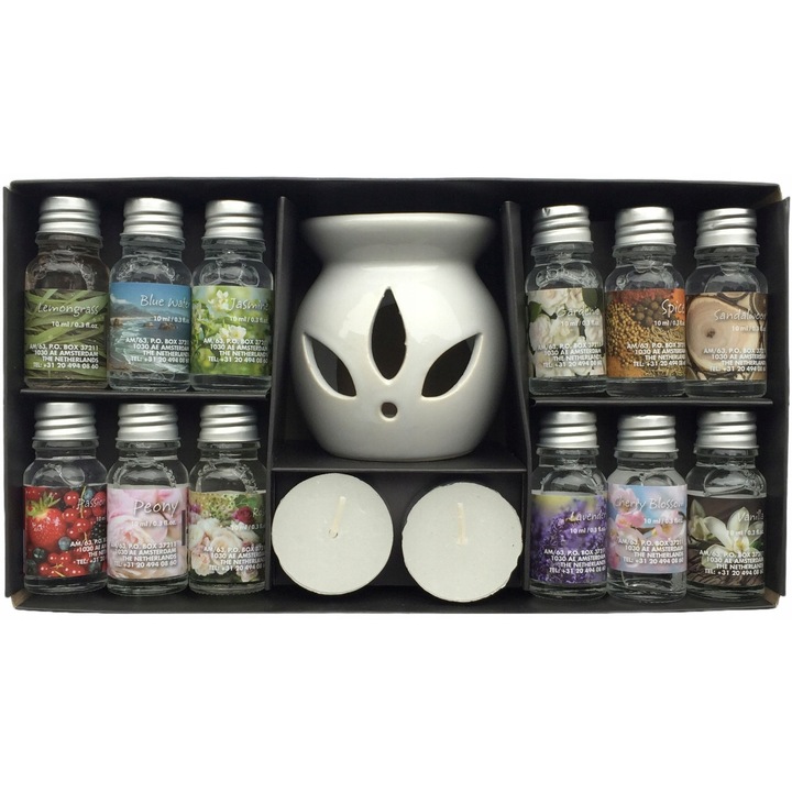 Set Aromaterapie, CARDSPLITTER, 12 uleiuri, 2 suporturi, Alb