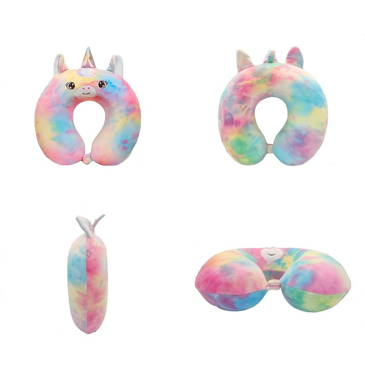 Perna de Calatorie U-Shape cu Spuma cu Memorie, Model Unicorn, Curcubeu