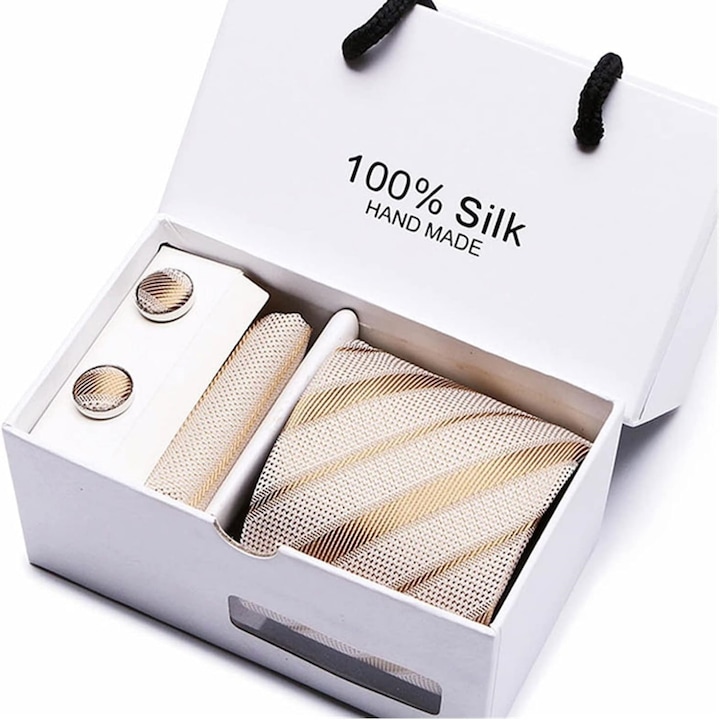 Set elegant de cravata, Dunga, cu 2 butoni batista, Matase, Pentru zi de nastere, nunta, logodna, petrecere, afaceri, Vanaxalife®, Auriu