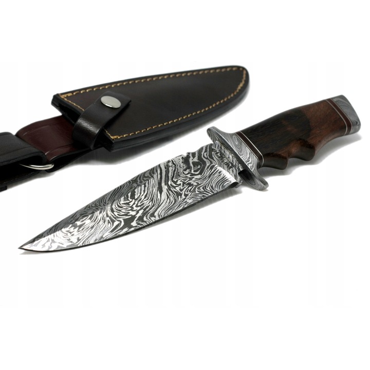 Cutit de vanatoare Bowie, din otel damasc, maner din lemn BURL, 29,5cm, cu teaca din piele