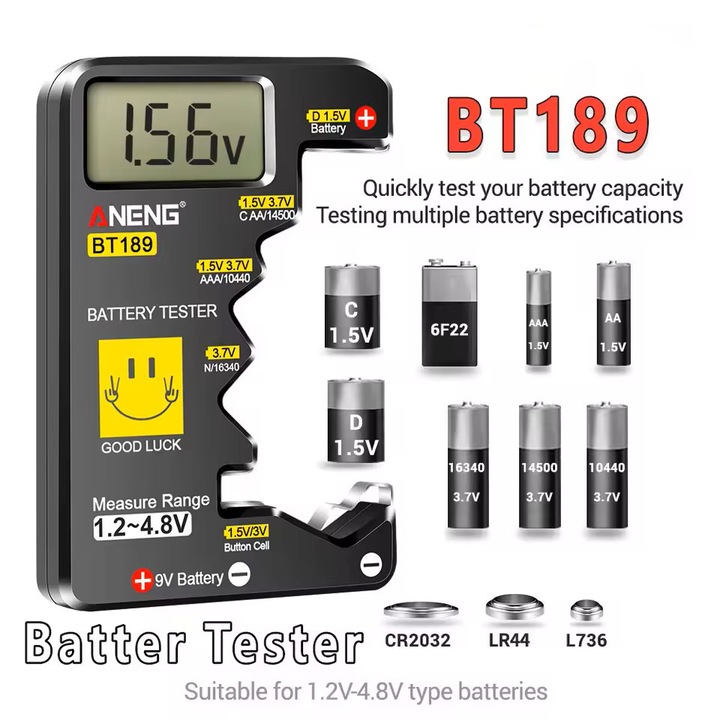 Tester Digital Hesasa® pentru Testarea Tensiunii Bateriilor si Acumulatorilor, Hesasa®, 1.5-9V, cu Afisaj LCD, Compatibil 18650, AA (R6), AAA (R3), C (R14), D (R20), CR2032, LR44, L736, 6F22 9V, Ideal pentru Economie si Reutilizare, Negru