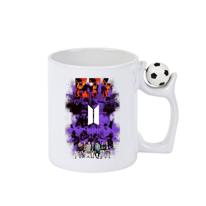 Cana cu formatia/trupa BTS 6, Cri-Flo, Ceramica, 330ml, Minge rotativa antistres, Maner si interior Alb-Negru